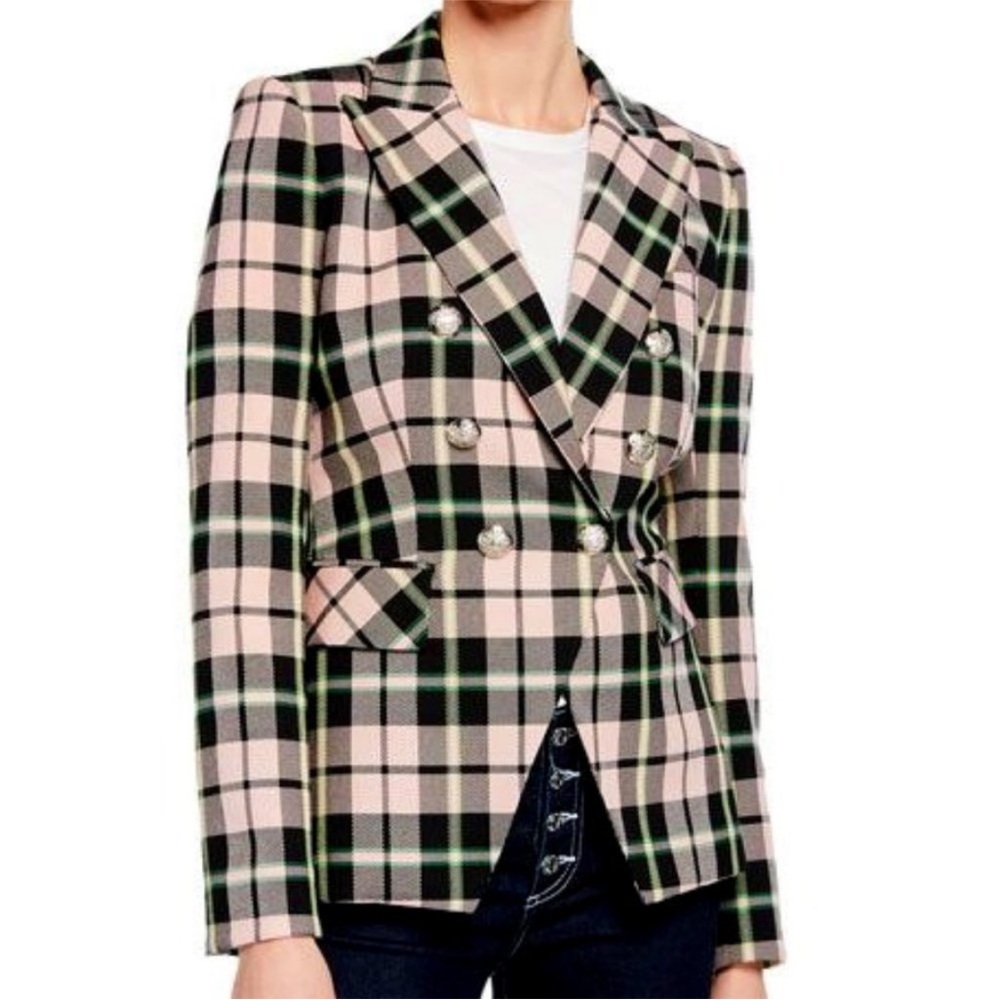 $695 Veronica Beard Miller Dickey Jacket pink multi plaid silver button sz 14